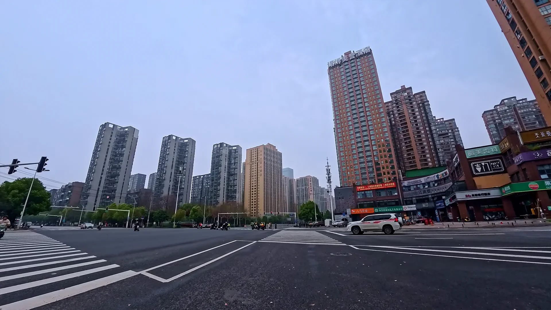 Modern city skyline viewed from street level